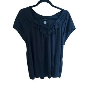 Axcess Womens XL Black Ruffle Scoop Neck Short Sleeve Top Blouse Jersey Knit